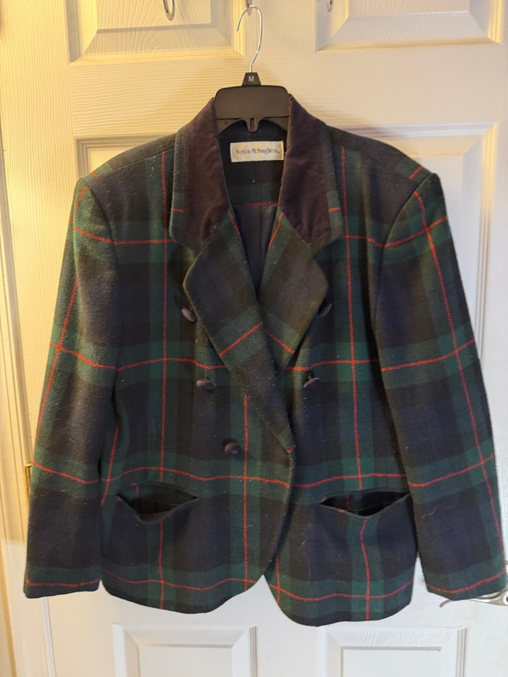 Norton McNaughton Navy and Green Plaid Double-Breasted Blazer